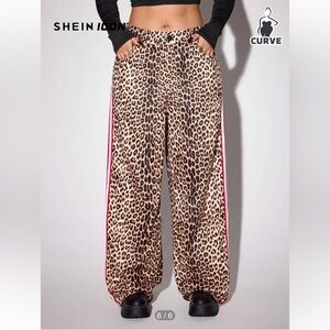 SHEIN ICON Cheetah Print Color Block Stripe Trim Straight Leg Pants